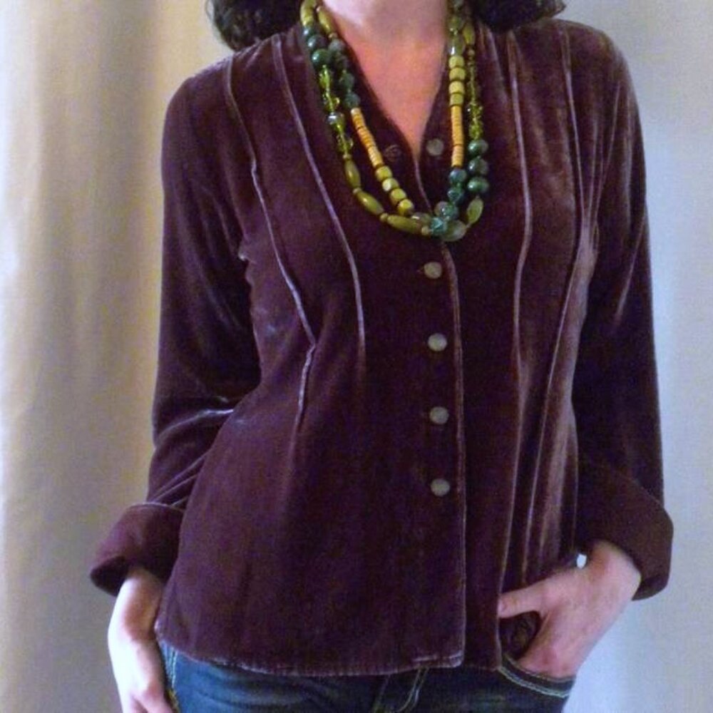 💟J. Jill Silk Rayon Velvet Velour Purple Button Down Top Blouse Tunic Jacket XS